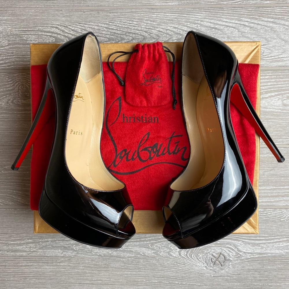Christian Louboutin Heels Black Patent Lady Peep Toe Pumps 10.5 Red Bottoms